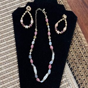 Natural Blush Beaded Necklace Gold Tone and Matching Earrings